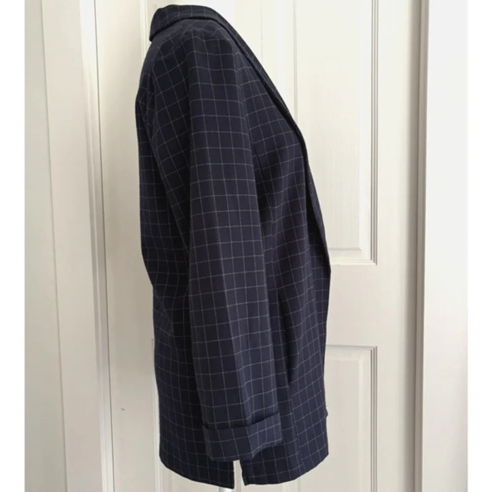 RACHEL‎ ZOE Open Front Knit Blazer Jacket Navy Blue Windowpane Check Preppy S